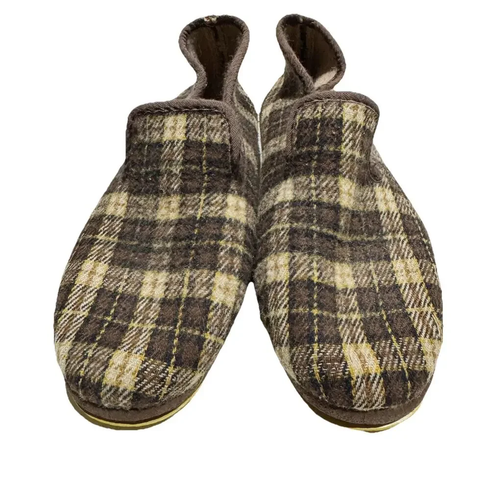 Casa Hernanz Spain‎ Pure Virgin Wool Plaid Brown Slippers 11.5 Grandpa